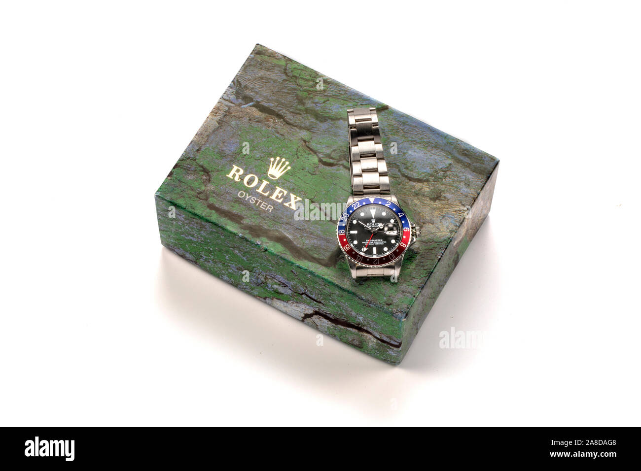 Oyster Rolex GMT Master Pepsi orologio da polso sulla scatola. Foto Stock