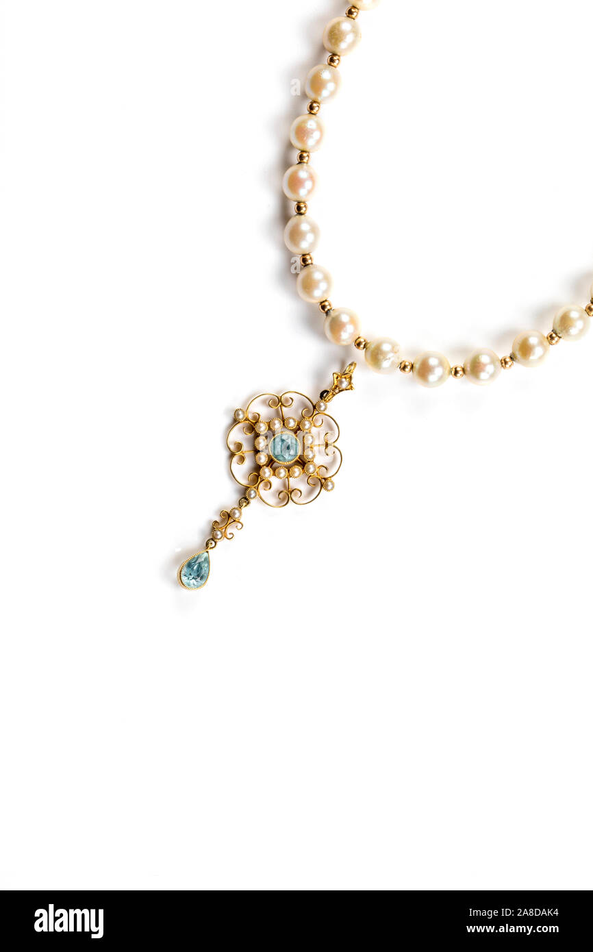 Edwardian acquamarina,perla di sementi e di culture collana di perle. Foto Stock