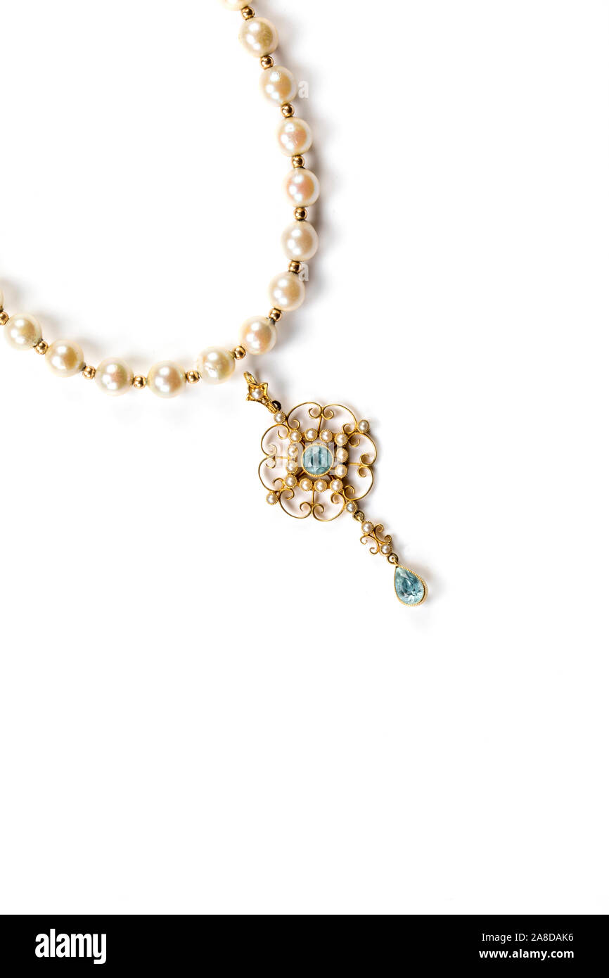 Edwardian acquamarina,perla di sementi e di culture collana di perle. Foto Stock