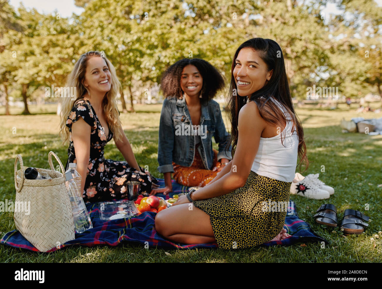 Sorridente femmina multirazziale amici seduti insieme su una coperta sul prato verde con frutti nel parco guardando la fotocamera Foto Stock