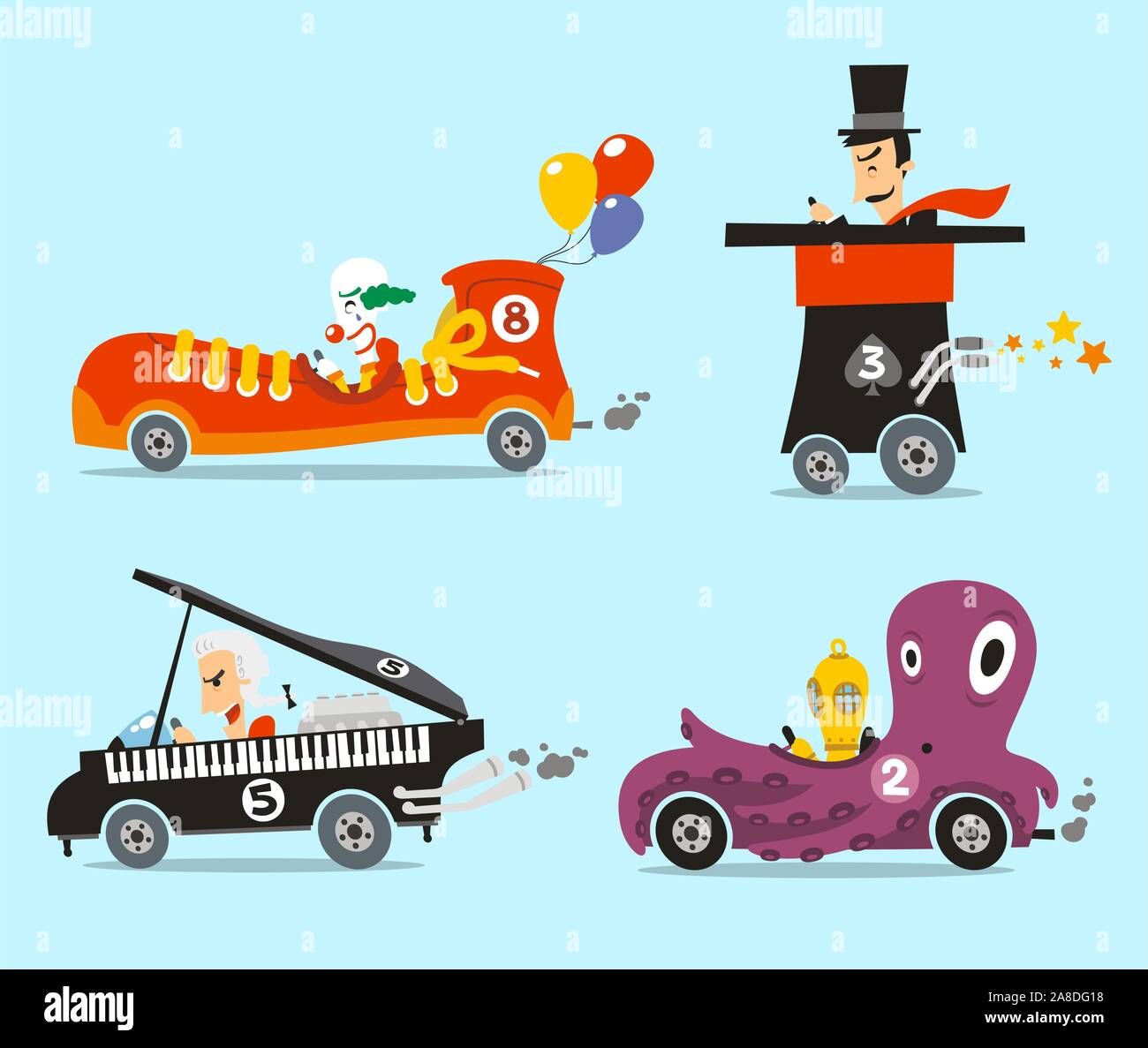 Crazy auto illustrazione vettoriale cartoon set, con quattro diverse vetture strano come, snicker auto, top hat cat, piano vettura e polpi auto. Illustrazione Vettoriale