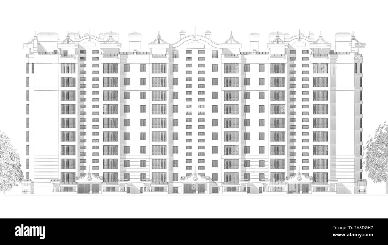 3d disegno a matita illustrazione di un moderno edificiio multipiano facciata esterna e cantiere landscape design Foto Stock