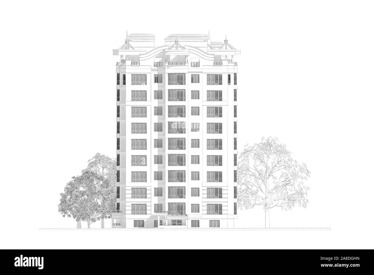 3d disegno a matita illustrazione di un moderno edificiio multipiano facciata esterna e cantiere landscape design Foto Stock