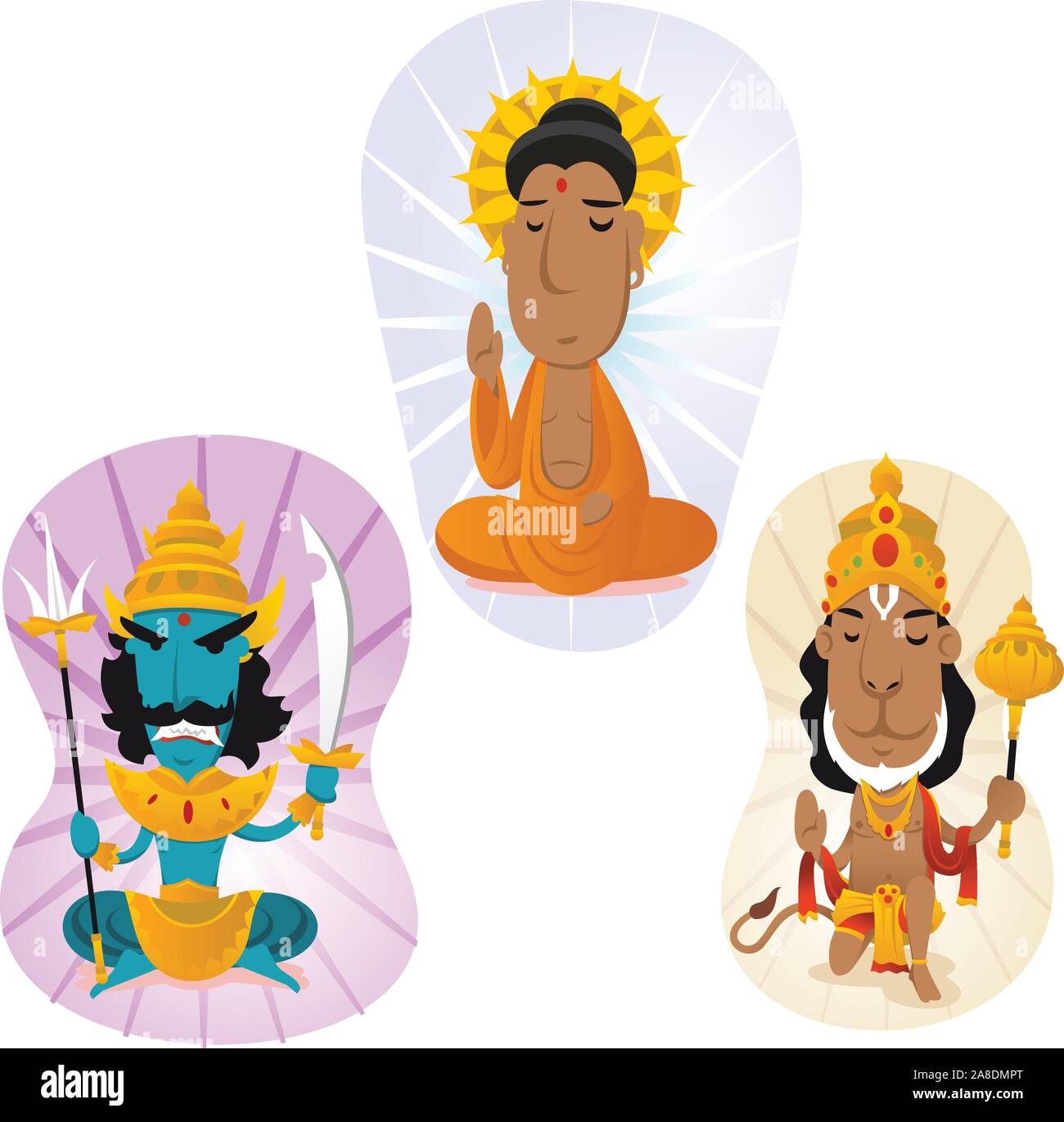 Divinità indù set 2, Buddha, hanuman, ravana. Illustrazione Vettoriale