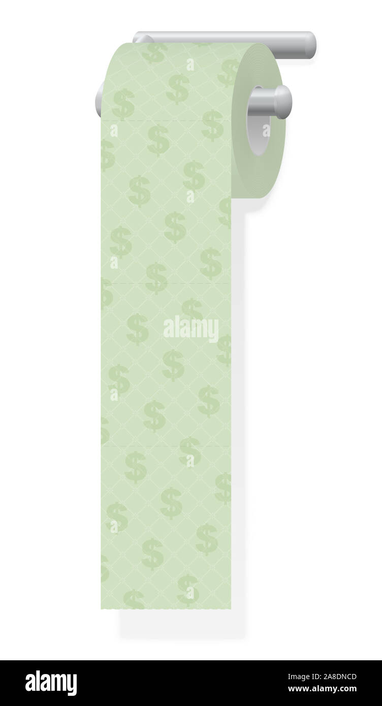 Carta igienica con segni di dollaro. Simbolo di spreco di denaro o di costosi prodotti da toeletta e prodotti di igiene - illustrazione su sfondo bianco. Foto Stock