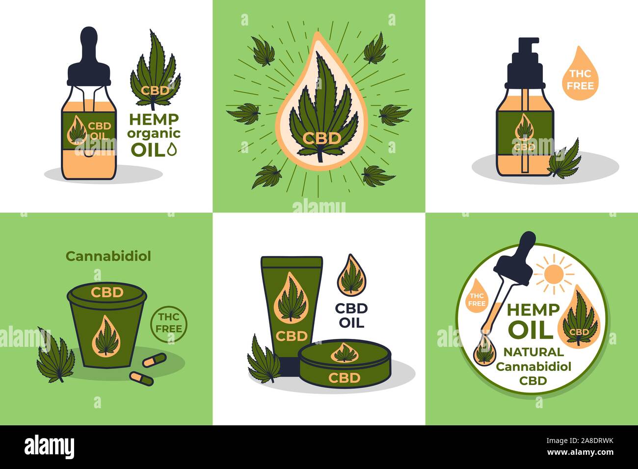 Impostare il CBD di olio di canapa di segni. Illustrazione bottiglia con una pipetta e una goccia, medico pillole, spray e crema. Il design del vettore Illustrazione Vettoriale