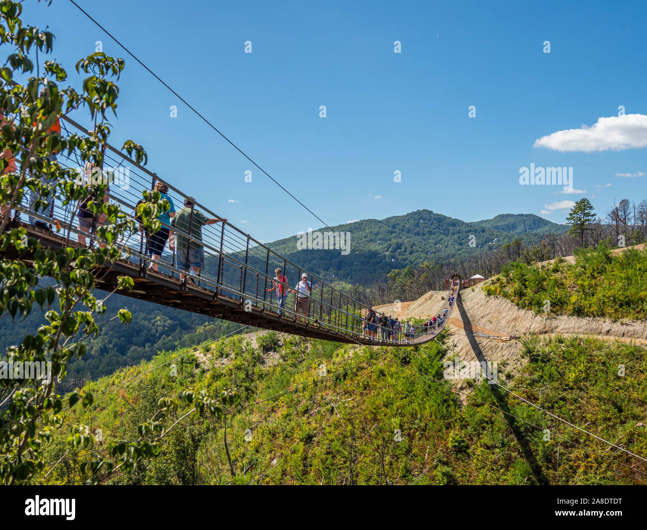 Gatlinburg sospensione pedonale ponte sopraelevato in Great Smoky Mountains resort città di Gatlinburg Tennessee negli Stati Uniti Foto Stock