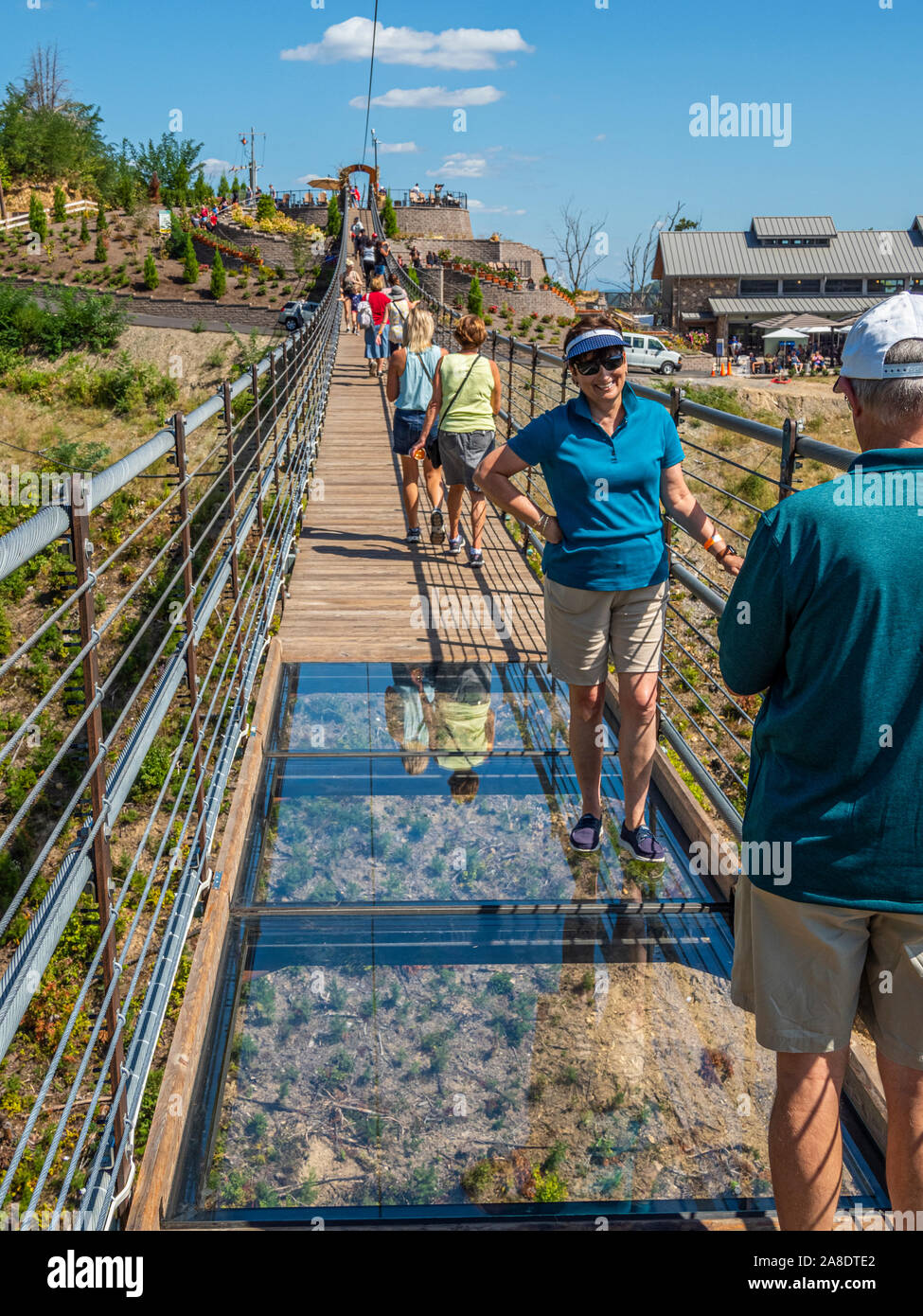 Gatlinburg sospensione pedonale ponte sopraelevato in Great Smoky Mountains resort città di Gatlinburg Tennessee negli Stati Uniti Foto Stock
