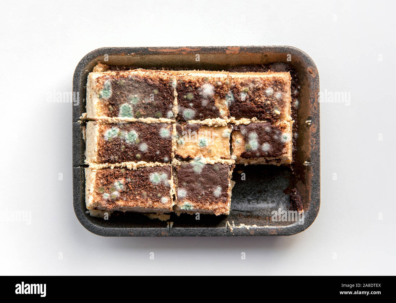 Concetto di condizioni di conservazione non corrette. Macchie di stampaggio verde sulla torta. Pericolo per la salute. Foto Stock