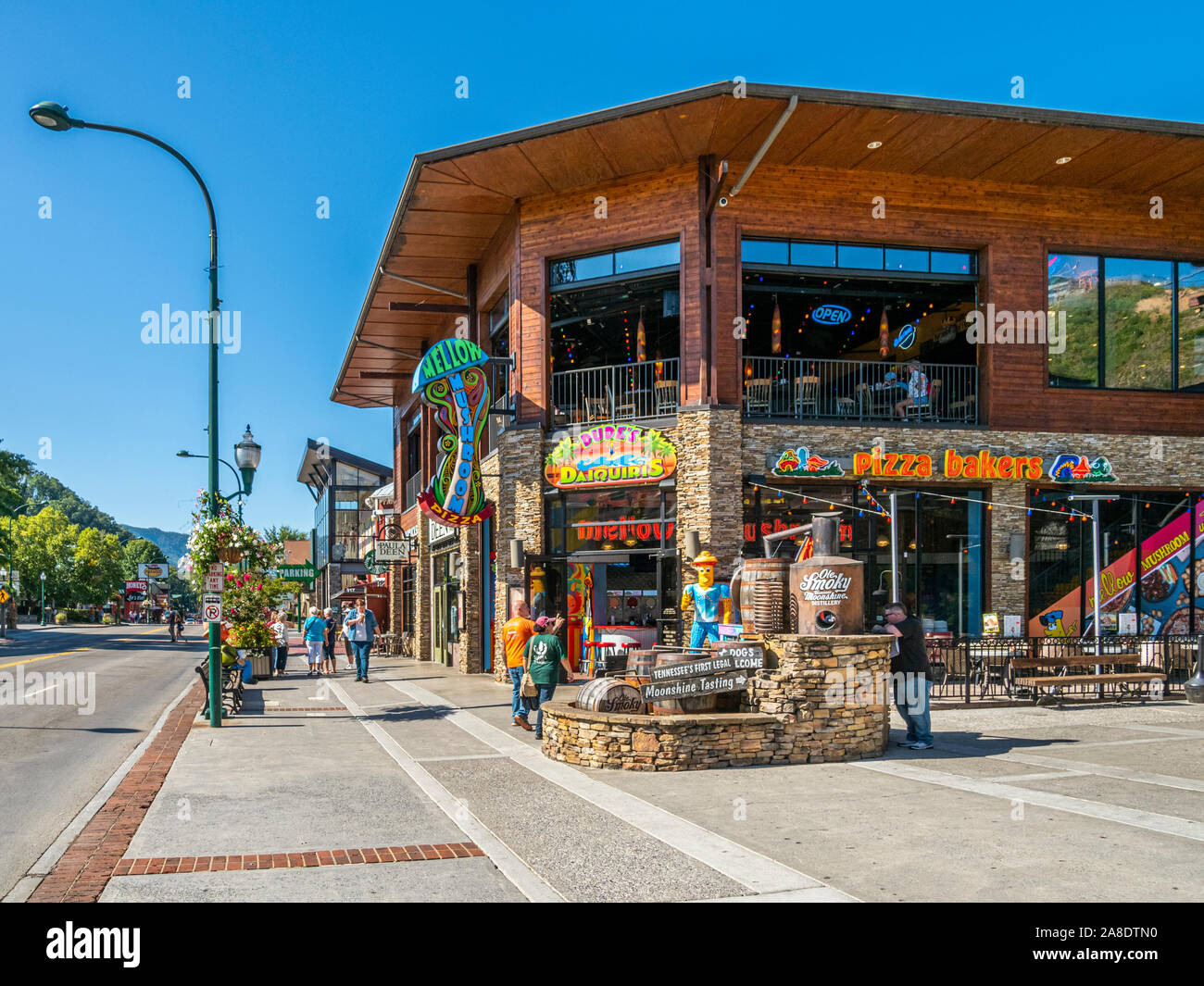 Parkway road anche se in centro di Great Smoky Mountains resort città di Gatlinburg Tennessee negli Stati Uniti Foto Stock