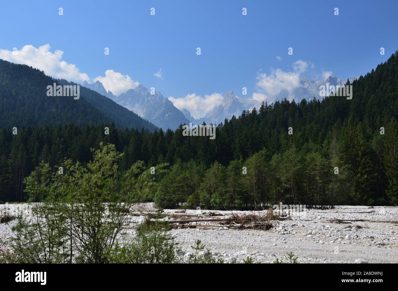 Il letto del fiume Ansiei, sassosi e con poca acqua, circondato da boschi e montagne Foto Stock