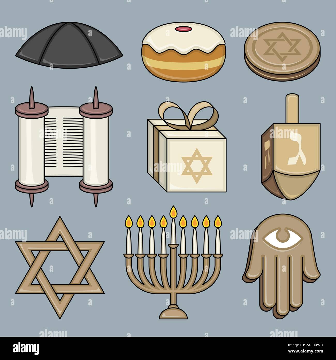 Cultura Ebraica Torah elementi hexagram menorah knishes tubazione di pane Illustrazione Vettoriale