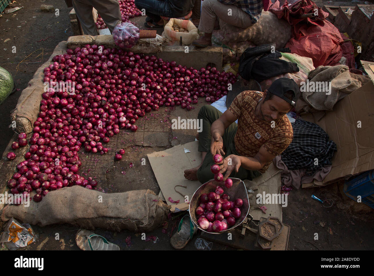 (191108) -- NEW DELHI, nov. 8, 2019 (Xinhua) -- un venditore vegetali pesa le cipolle in un mercato di New Delhi, India, nov. 8, 2019. La cipolla prezzi in stati indiani compresi capitale New Delhi sono salito alle stelle e il prezzo di un chilogrammo è stato venduto a circa 1,41 dollari USA (100 INR) giovedì, i concessionari detto. Le cipolle che costituiscono il principale ingrediente del pasto indiano sono altrimenti venduto a circa 29 centesimi (INR 20) un chilogrammo. Funzionari colpevole ritardo monsoni e cicloni per influenzare la semina e il raccolto arrivo dai principali centri di produzione del Maharashtra, Andhra Pradesh e Karnataka, creando così un Foto Stock