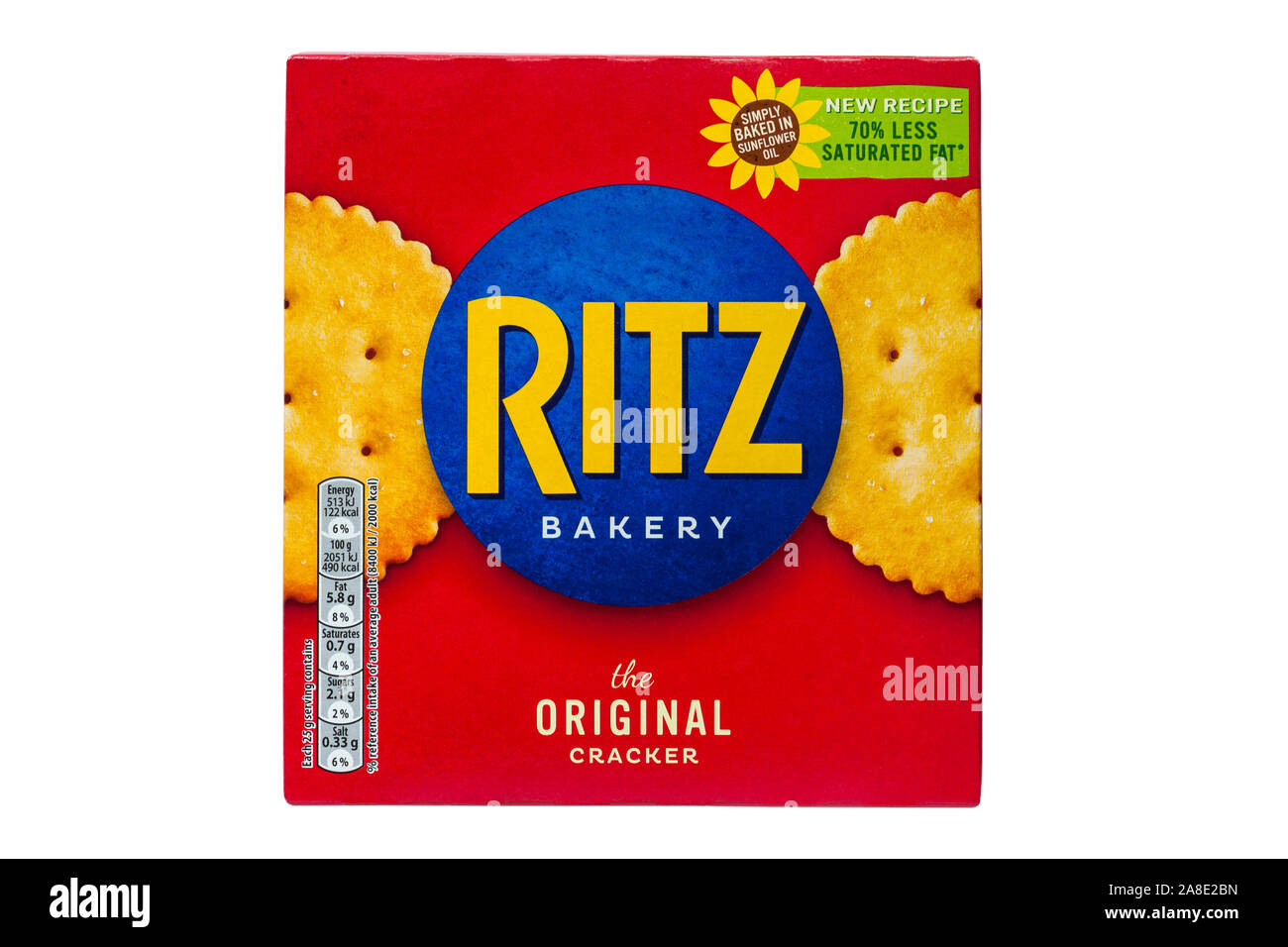 Scatola del Ritz bakery il cracker originale, salatini cracker con 70% meno grassi saturi isolati su sfondo bianco Foto Stock