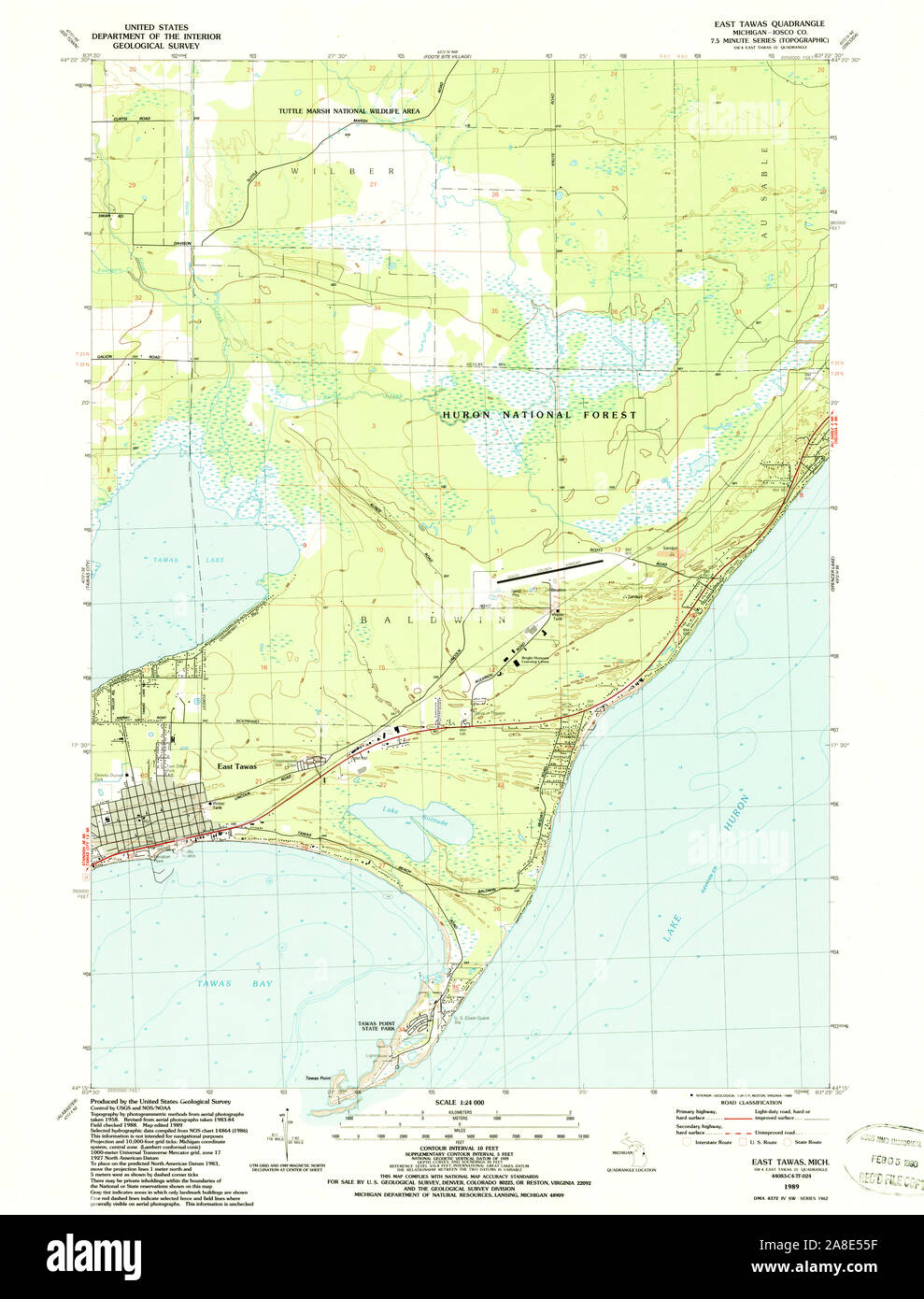 USGS TOPO Map Michigan MI East Tawas 276031 1989 24000 Foto Stock