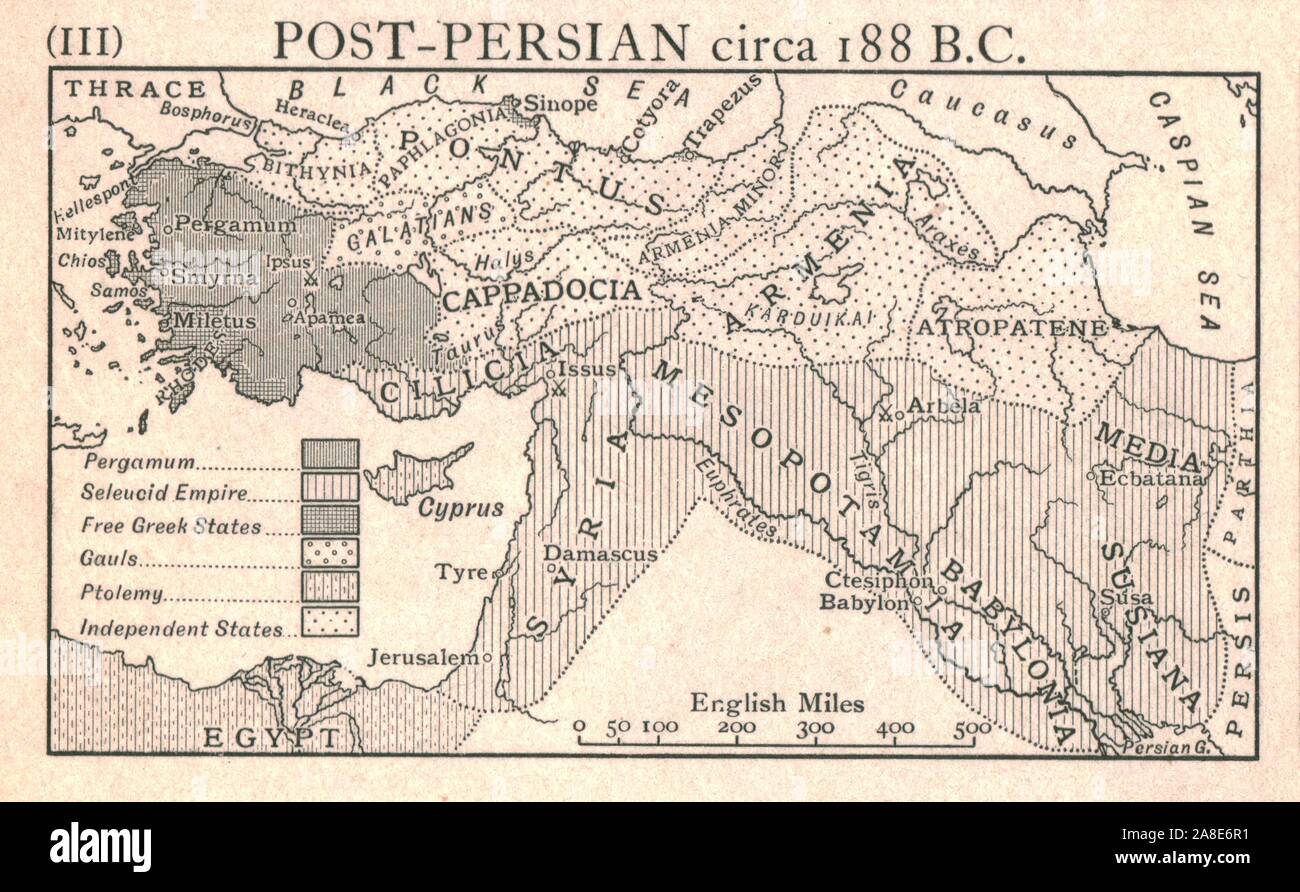 "Post-Persian, circa 188 A.C.', C1915. Mappa del Mediterraneo orientale e in Medio Oriente, che mostra gli antichi imperi di Pergamo, Seleucide, liberi Stati greca, Galli Tolomeo e Stati indipendenti. Da "i califfi nell' ultimo patrimonio, una breve storia dell'Impero Turco" dal tenente-colonnello Sir Mark Sykes. [Macmillan &AMP; Co, London, 1915] Foto Stock