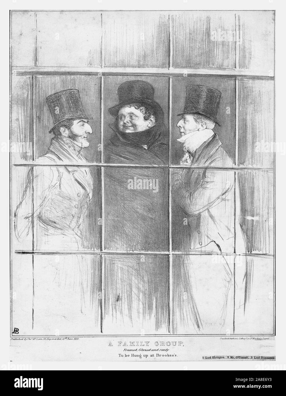 "Un gruppo di famiglia, incorniciato, smaltate e pronto per essere appeso a Brookes's", 1835. "Signore Ebrington' - uomo politico britannico Hugh Fortescue, 2nd Earl Fortescue (1783-1861); "r.O'Connell' - MP irlandese di Daniel O'Connell (1775-1847); "Signore Duncannon' - uomo politico britannico John William Ponsonby, 4° Conte di Bessborough (1781-1847). Vignetta satirica da "M.P.' (John Doyle). [Thomas McLean, London, 1835] Foto Stock