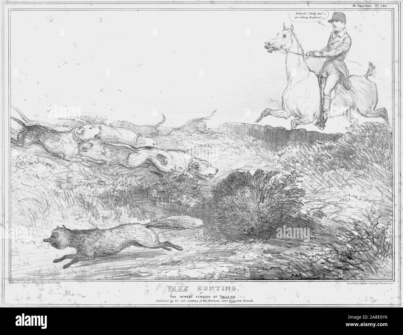 "Vaux caccia o la versione più recente di Tally Ho!", 1834. 'Sketched al fine riunione della Durham Stampa-ton Hounds'. Un huntsman urla 'Tallyho! Tallyho! - Proseguire lungo la Radical-', come egli insegue una volpe con la faccia del britannico Lord Cancelliere Henry Brougham, primo Baron Brougham e Vaux. Vignetta satirica da "M.P.' (John Doyle). [Thomas McLean, London, 1834] Foto Stock