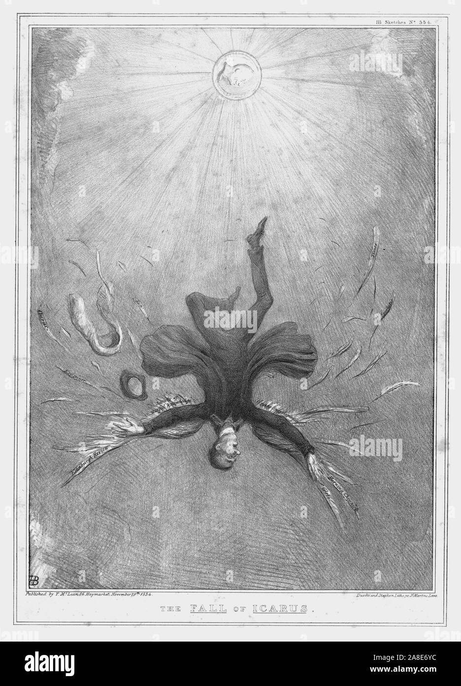 "La caduta di Icaro", 1834. Signore Brougham raffigurato come Icaro del mito greco, che ha volato troppo vicino al sole con le ali di cera. Sun contiene il volto del re Guglielmo IV, suggerendo che i recenti discorsi di Brougham è implicita troppo grande un grado di familiarità con il monarca. Le ali di fusione sono contrassegnate da lettere "Edinburgh Review", "società di conoscenze utili," "Penny Encyclop&#xe6;dia," "Mattina Cronaca," e "Globe", tutte le riviste a cui il Cancelliere ha contribuito articoli lodando il re. Uomo politico britannico Henry Brougham (1778-1868) s Foto Stock