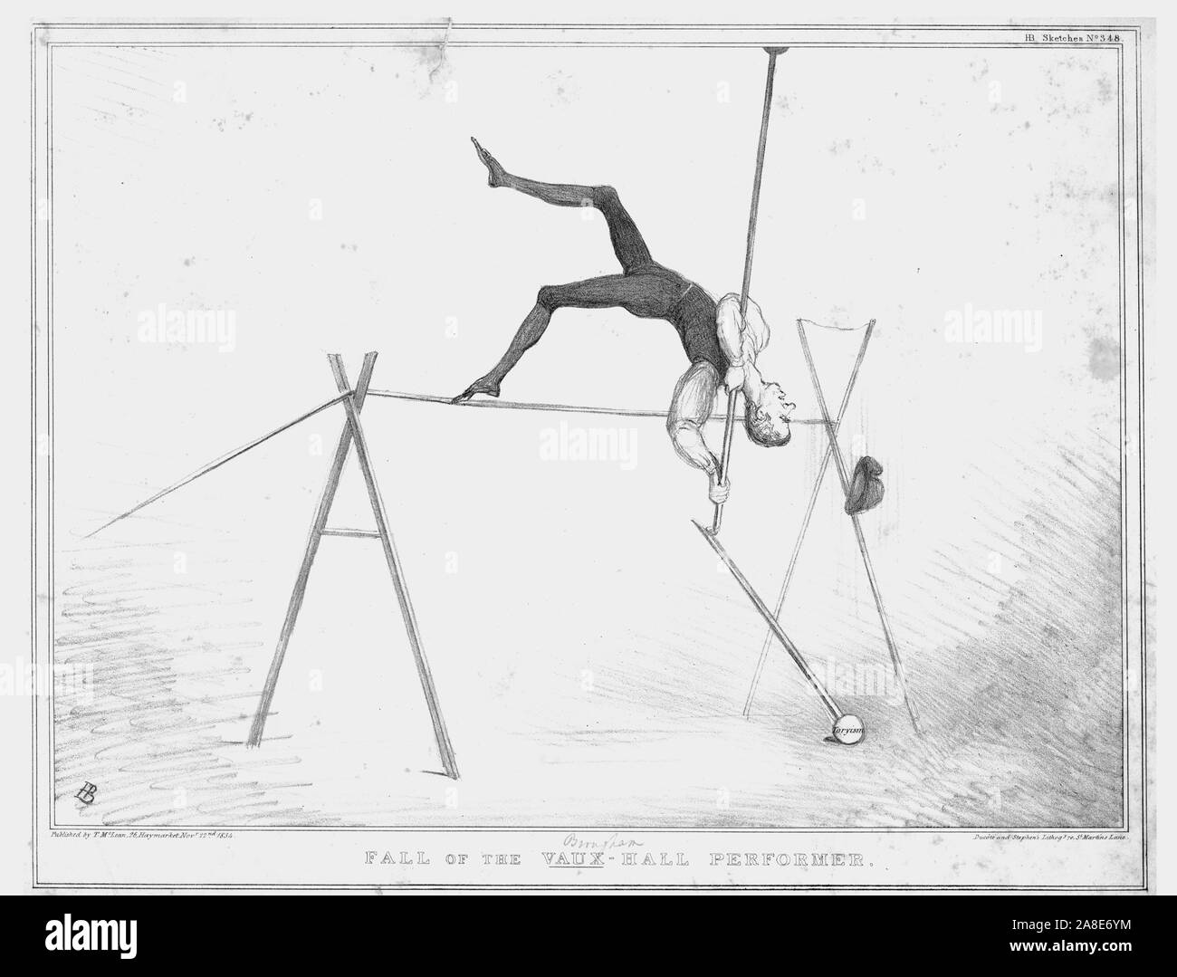 "Caduta del Performer Vaux-Hall', 1834. Signore Brougham, primo Baron Brougham e Vaux raffigurato come un circo funambolo. Il gioco di parole del titolo si connette il suo nome con intrattenimenti in giardini di Vauxhall nel sud di Londra. Uomo politico britannico Henry Brougham (1778-1868) è servito come signore cancelliere alta dal 1830 al 1834. Vignetta satirica da "M.P.' (John Doyle). [Thomas McLean, London, 1834] Foto Stock