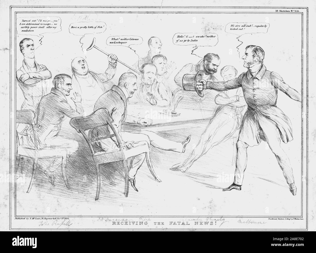 "Ricevendo il fatale News!',1834. George Eden, Conte di Auckland; John William Ponsonby, 4° Conte di Bessborough; Henry Brougham, primo Baron Brougham e Vaux; John Hobhouse, primo Baron Broughton; Charles Grant, Baron Glenelg;Richard Henry Fox, terzo barone Holland; William agnello, secondo il visconte Melbourne; Thomas Primavera Riso, primo Baron Monteagle di Brandon; Lord Palmerston; John Russell, primo Earl Russell. Vignetta satirica sulla politica inglese da "M.P.' (John Doyle). [Thomas McLean, London, 1834] Foto Stock