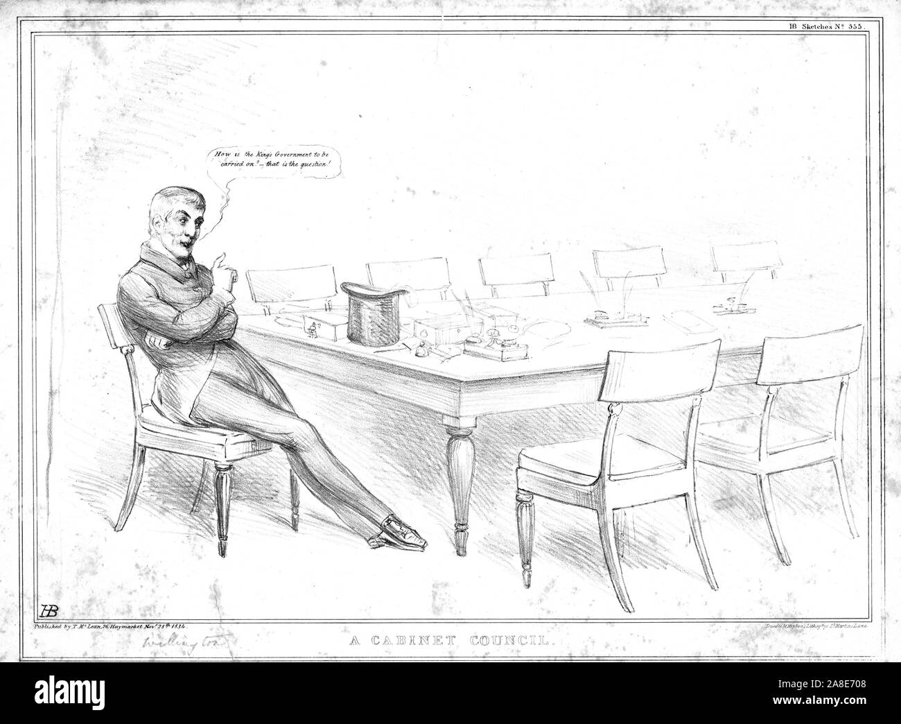 'Un armadio consiglio',1834. Il primo ministro Arthur Wellesley, primo duca di Wellington, dice 'come è il governo del Re per essere portati su? - Che è la questione!". Vignetta satirica sulla politica inglese da "M.P.' (John Doyle). [Thomas McLean, London, 1834] Foto Stock