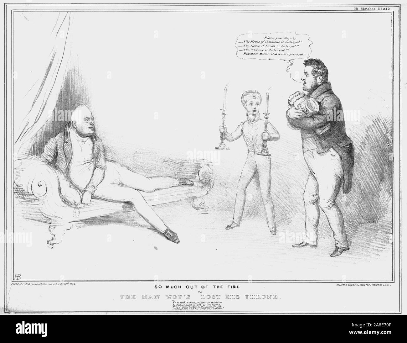 'So molto al di fuori del fuoco o uomo Wot è perso il suo trono", 1834. Il cancelliere dello scacchiere John Spencer dice di Re Guglielmo IV: "Si prega di vostra maestà - La House of Commons è distrutta! La House of Lords è distrutta! Il trono è distrutta! Ma questi poveri [legge modifica e riforma di Legge] Grazie al cielo sono preservate'. Il Palazzo di Westminster a Londra incendiato il 16 ottobre 1834. Estratto da Henry Percy conte di Northumberland il discorso in "Henry IV PARTE 2", Atto 1, Scena 1: "Ev'n ad un uomo così debole, così piatta; così noiosa, in modo morti in aspetto, così woebegone; ha attirato Priamo C Foto Stock