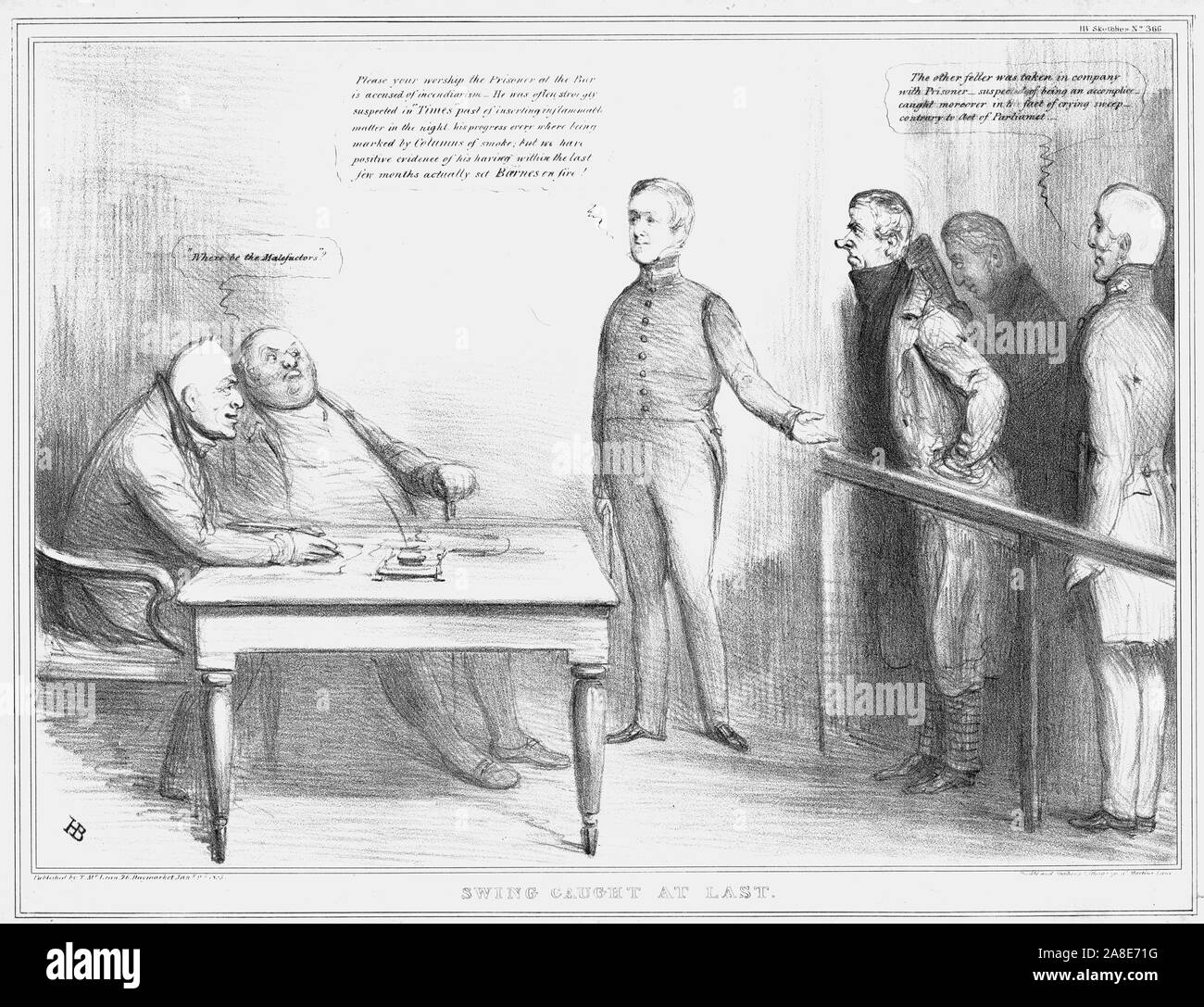 'Swing catturati in ultimo", 1835. Ex Lord Cancelliere Henry Brougham sorge nel dock, come Sir Robert Peel spiega il suo crimine di 'incendiarism" a "giudice" Re Guglielmo IV. Sulla destra è il Duca di Wellington. Vignetta satirica sulla politica inglese da "M.P.' (John Doyle). [Thomas McLean, London, 1835] Foto Stock
