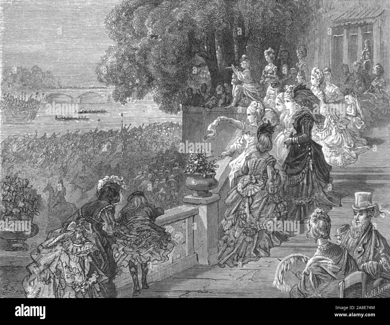 'L'Limes-Mortlake', 1872. Spettatori guarda una regata sul Tamigi da una terrazza di casa Limes una Il Grade ii Listed mansio in Mortlake, Richmond upon Thames. Da "Londra. Un pellegrinaggio" da Gustave Dore e Blanchard Jerrold. [Grant e Co., così 72-78, Turnmill Street, E.C., 1872]. Foto Stock