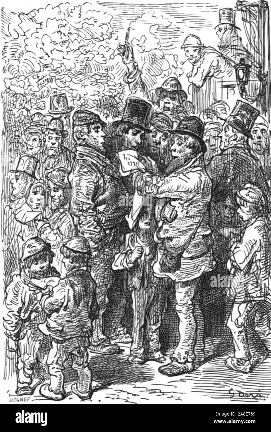 'Al di fuori dell'anello", 1872. Un gruppo di uomini e ragazzi in forma di studio sulla Derby giorno. Da "Londra. Un pellegrinaggio" da Gustave Dore e Blanchard Jerrold. [Grant e Co., così 72-78, Turnmill Street, E.C., 1872]. Foto Stock