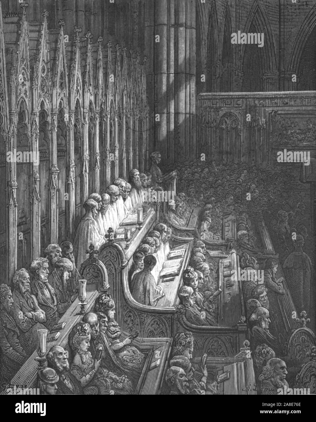 'Westminster Abbey-The coro", 1872. Gli stalli del coro nella Westminster Abbey sono state progettate da Edward Blore e data dal 1847. Da "Londra. Un pellegrinaggio" da Gustave Dore e Blanchard Jerrold. [Grant e Co., così 72-78, Turnmill Street, E.C., 1872]. Foto Stock