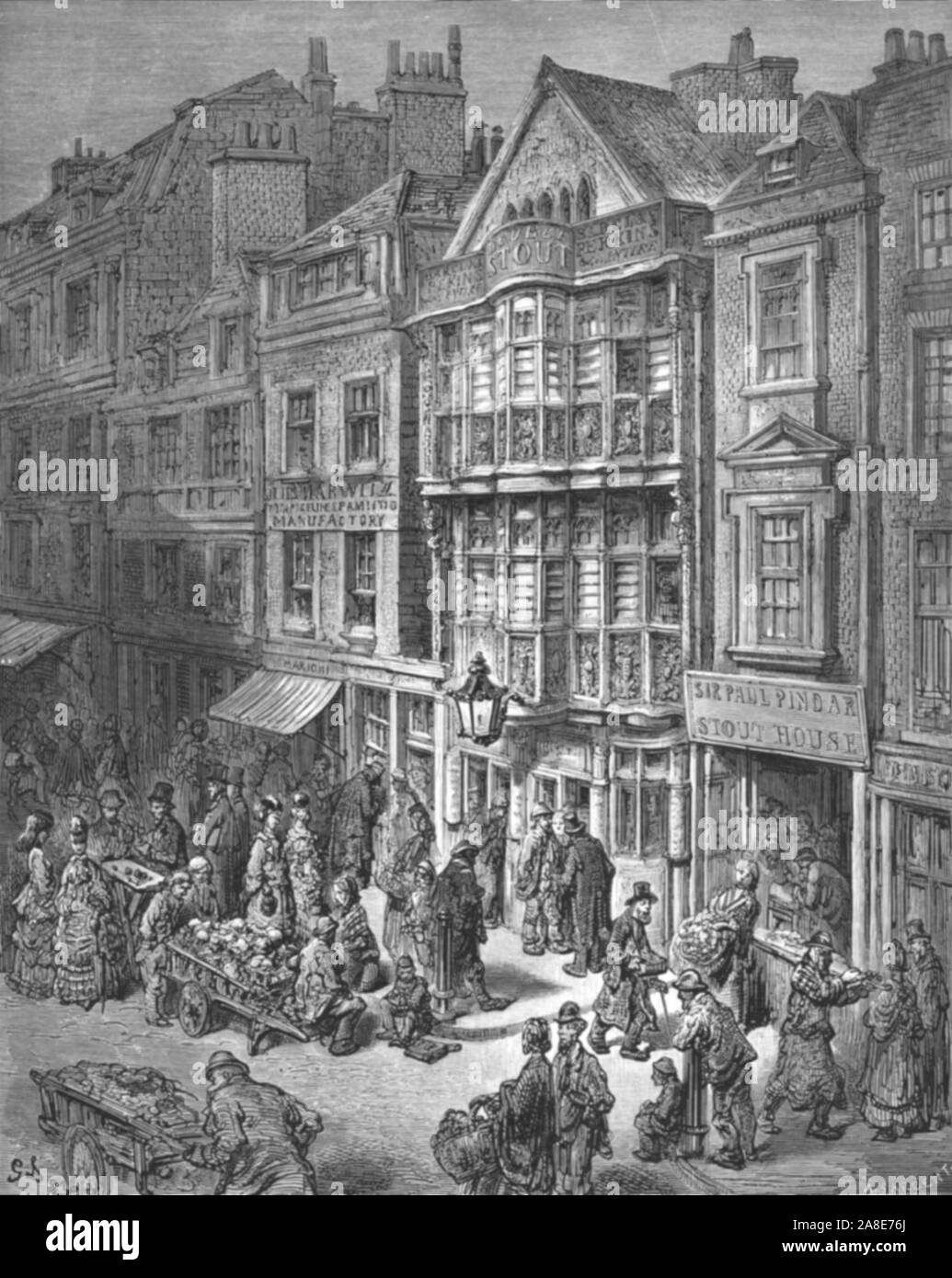 "Bishopsgate Street', 1872. La vita quotidiana in Bishopsgate al di fuori del sir Paul Pindaro Stout House. Da "Londra. Un pellegrinaggio" da Gustave Dore e Blanchard Jerrold. [Grant e Co., così 72-78, Turnmill Street, E.C., 1872]. Foto Stock