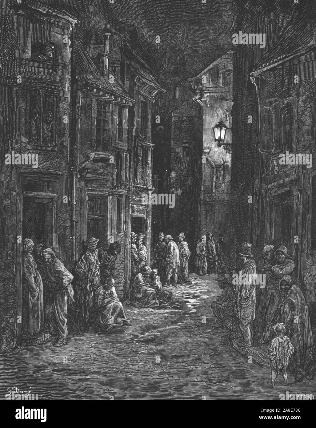 "Bluegate campi", 1872. Bluegate campi era uno dei peggiori slum durante l'era vittoriana e geatured nella foto di Dorian Gray di Oscar Wilde. Da "Londra. Un pellegrinaggio" da Gustave Dore e Blanchard Jerrold. [Grant e Co., così 72-78, Turnmill Street, E.C., 1872]. Foto Stock