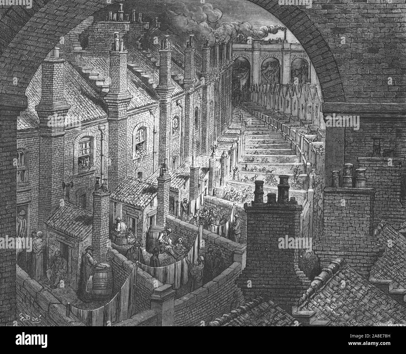 "Al di sopra del binario London-By', 1872. donne appendere il lavaggio in schiera cortili sotto le arcate della ferrovia, a Londra. Da "Londra. Un pellegrinaggio" da Gustave Dore e Blanchard Jerrold. [Grant e Co., così 72-78, Turnmill Street, E.C., 1872]. Foto Stock