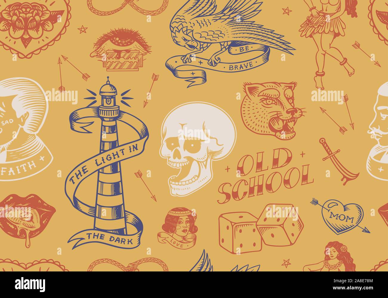 Old school Tattoo Seamless pattern. Hula hawaiana ballerina donna, faro, Panther, cranio e snake. Mano inciso bozzetto per la stampa. Illustrazione Vettoriale