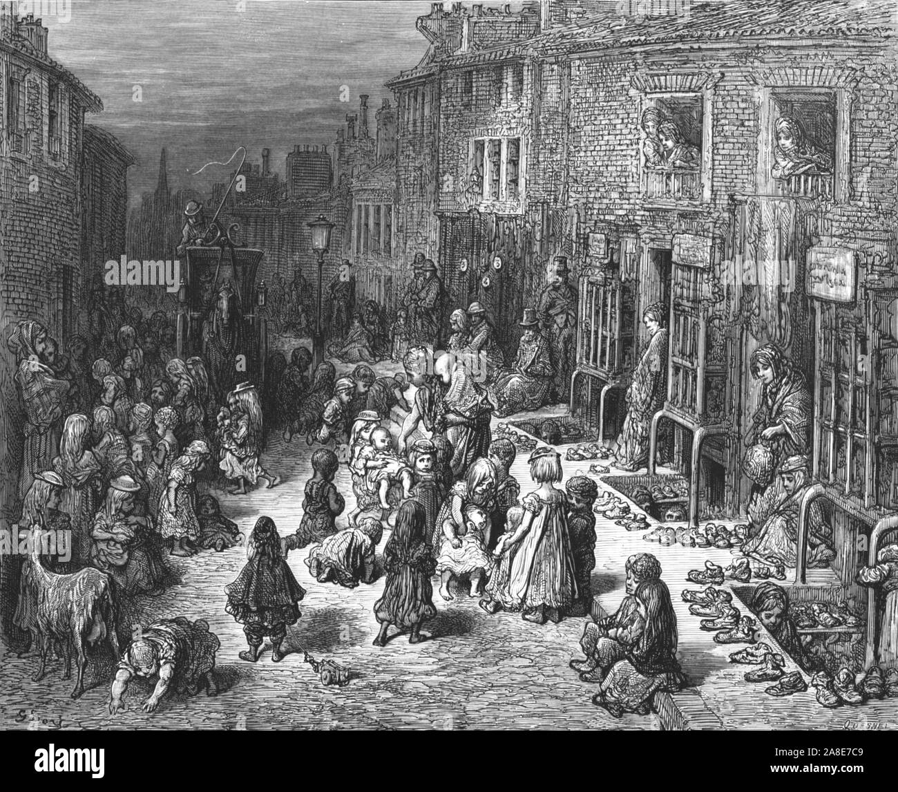 'Dudley Street, Seven Dials', 1872. Strada trafficata scena presso il Seven Dials di Covent Garden. Da "Londra. Un pellegrinaggio" da Gustave Dore e Blanchard Jerrold. [Grant e Co., così 72-78, Turnmill Street, E.C., 1872]. Foto Stock