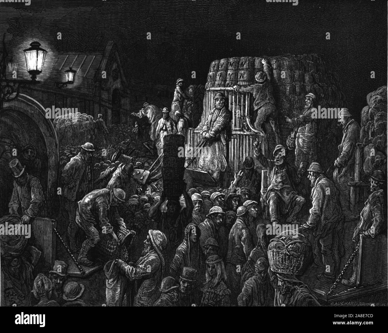 " Covent Garden Market-Early mattina', 1872. I lavoratori di scarico di merci dai carrelli al mercato di Covent Garden. Da "Londra. Un pellegrinaggio" da Gustave Dore e Blanchard Jerrold. [Grant e Co., così 72-78, Turnmill Street, E.C., 1872]. Foto Stock
