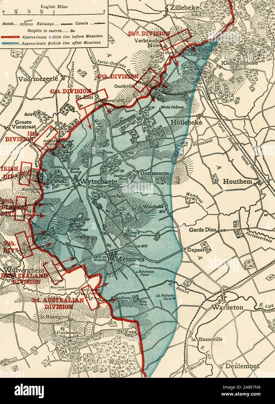 'Map per illustrare la battaglia di Messines', la prima guerra mondiale, giugno 1917 (c1920). L'area blu mostra la massa acquisita dai tedeschi dal britannico sotto il generale Sir Herbert Plumer, 7-14 giugno 1917. La battaglia ha avuto luogo sul fronte occidentale nei pressi del villaggio di Messines in Fiandra occidentale, Belgio. Da "La Grande Guerra Mondiale: una storia", Volume VII, edito da Frank un Mumby. [Il Gresham Publishing Company Ltd, Londra, c1920] Foto Stock