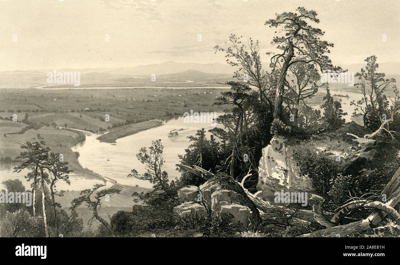 "Valle del Connecticut dal Monte Tom', 1874. Vista del fiume Connecticut dal Monte Tom gamma nel Massachusetts, STATI UNITI D'AMERICA. Dal pittoresco America; o, la terra in cui viviamo, una delimitazione dalla penna e matita di montagne, fiumi, laghi...con illustrazioni su acciaio e legno da eminenti artisti americani" Vol. II, edito da William Cullen Bryant. [D. Appleton and Company, New York, 1874] Foto Stock