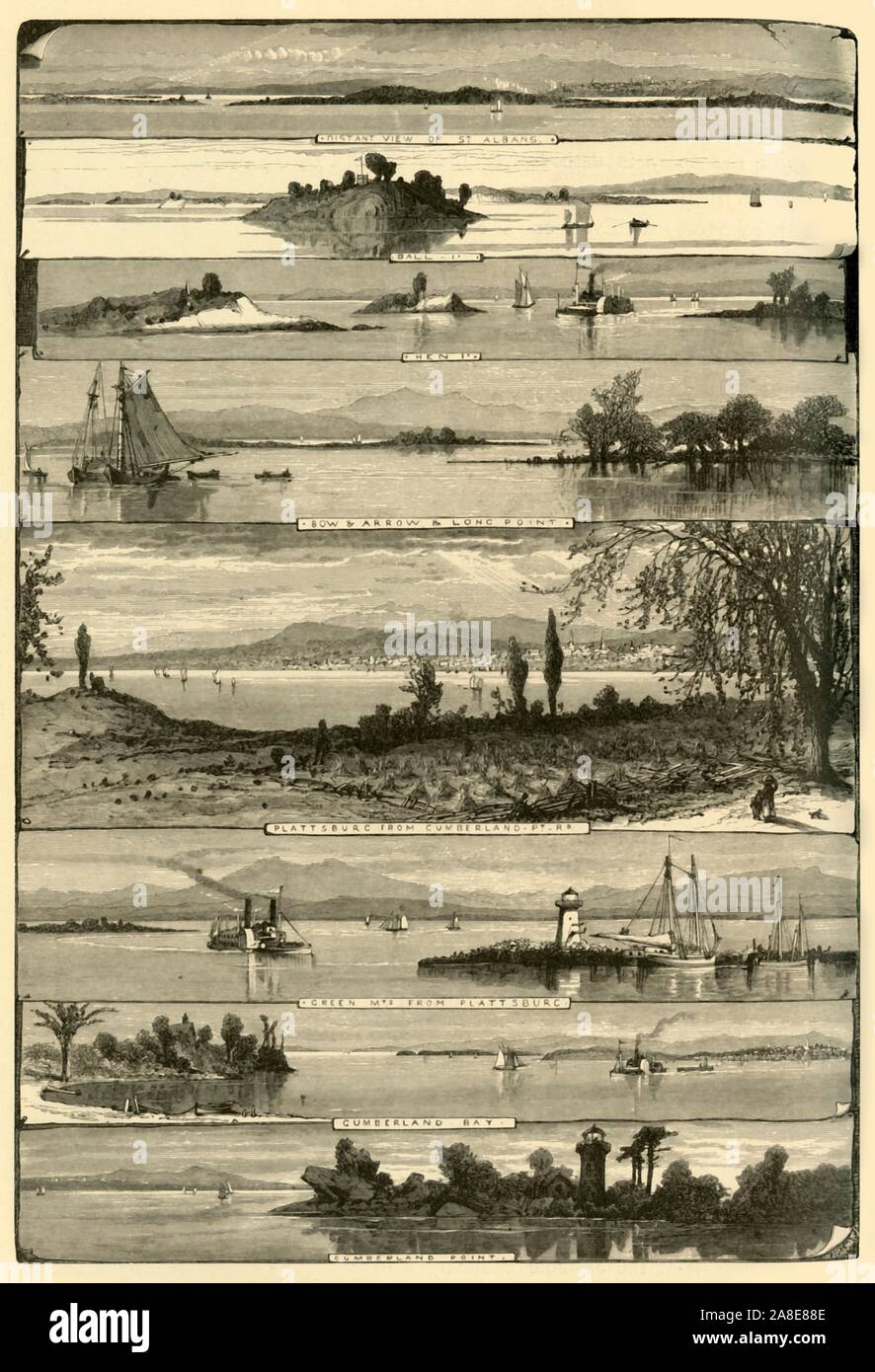 "Lago Champlain, da Plattsburg a St Albans', 1874. Le scene sul Lago Champlain che risiede in Canada e negli Stati Uniti. 'Distante vista di St Albans, gallina isola, isola a sfera, prua &AMP; freccia &AMP; punta lunga, Plattsburg dal punto di Cumberland Road, montagne verdi da Plattsburg, Cumberland Bay, Cumberland punto". Dal pittoresco America; o, la terra in cui viviamo, una delimitazione dalla penna e matita di montagne, fiumi, laghi...con illustrazioni su acciaio e legno da eminenti artisti americani" Vol. II, edito da William Cullen Bryant. [D. Appleton and Company, New York, 1874] Foto Stock