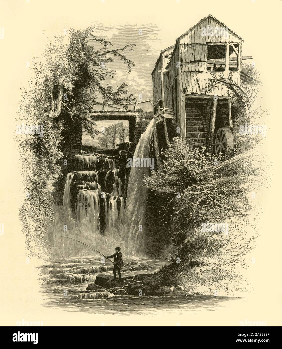 "Old Mill, Salvia il burrone", 1874. Mulino ad acqua su saggi burrone Brook, vicino a Salisbury, Connecticut, Stati Uniti d'America. "Presso la bocca di questo nobile burrone ci sono un bel vecchio mulino, e un pittoresco ponte che attraversa il torrente che proviene focoso e la formazione di schiuma in giù il wild schisi. Il suggerimento di trote-tesori nelle piscine e vortici di questo rumoroso brook, che l'artista ha messo nel suo quadro, è da nessuno mezzi gratuitous. Che desiderosi-eyed pescatore è sicuro del suo gioco, a meno che il suo aspetto smentisce lui; e, se egli fosse un miglio sopra il mulino, con il suo bastone e la linea egli potrebbe ancora riempire il suo cantra con il screziato bea Foto Stock