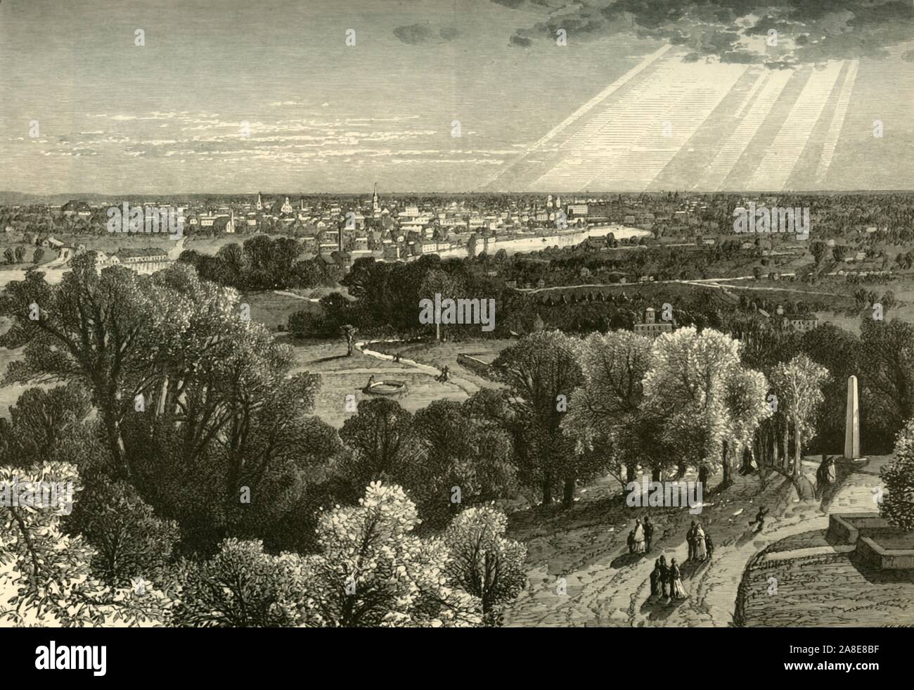 "Rochester, dal monte cimitero di speranza", 1874. Vista della città di Rochester, nello Stato di New York, Stati Uniti d'America. Rochester giace sul fiume Genesee e sulla riva meridionale del lago Ontario. '...I primi pionieri di questa regione occidentale erano uomini di energia e lungimiranza, che vedeva nella valle del Genesee "giardino-plot del West", e nel villaggio di quindi di Rochester il futuro "granaio d'America"". Dal pittoresco America; o, la terra in cui viviamo, una delimitazione dalla penna e matita di montagne, fiumi, laghi...con illustrazioni su acciaio e legno da eminenti American Artis Foto Stock