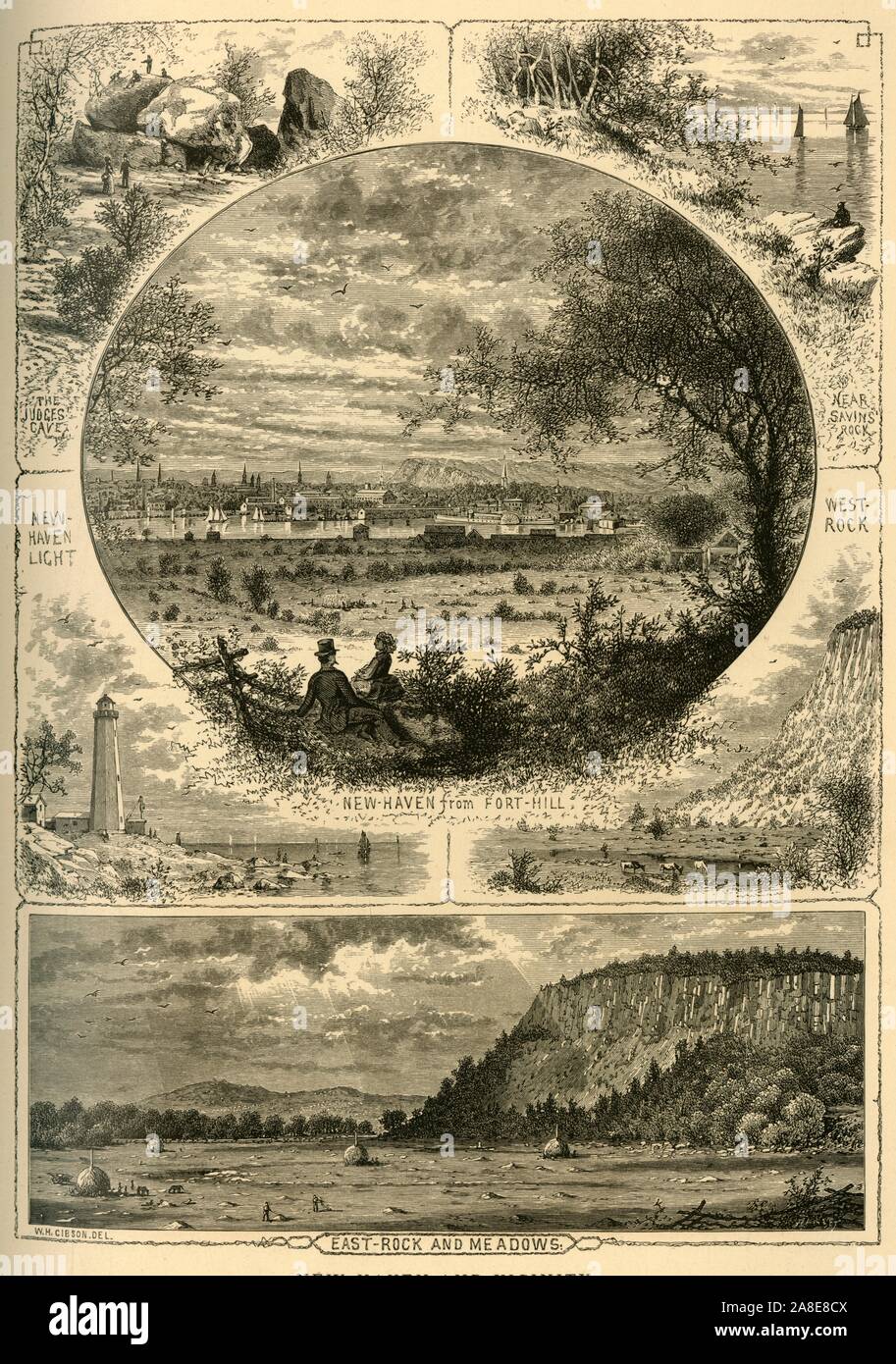 'New Haven e vicinanze', 1874. " Il giudice di grotta; vicino a Savins' Rock; New-Haven da Fort-Hill; New-Haven luce; West-Rock; East-Rock e prati', Connecticut, USA. '...Un positivo il fascino storico nella forma del Regicides' o giudici" Grotta. In una profonda spaccatura tra un gruppo selvaggio di grandi, allentati bowlders, il famoso regicides goffe e Whalley erano nascoste per diversi giorni, nel 1661. Questa grotta è raggiunto da un difficile percorso sopra la tavola rocciosa della rupe la leggenda è che il regicides erano spaventati da questo luogo inospitale dagli occhi scintillanti di qualche animale selvatico in stridente upo Foto Stock