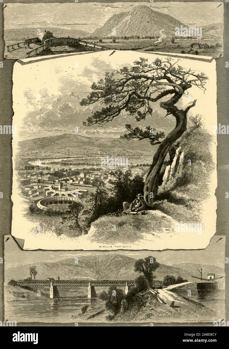'Port Jervis e vicinanze', 1874. 'D. &Amp; H. [Delaware e Hudson] Canal; Mount Willam Port Jervis; Lackawaxn acquedotto dell', nello Stato di New York, Stati Uniti d'America. '...Il Monte Guglielmo, dal quale si gode una vista superba - una vasta, estesa pianura, attraverso il quale l'avvolgimento [Neversink] fiume può essere tracciata per molte miglia...'. Roebling il Delaware acquedotto, che ha aperto nel 1849, è stato progettato per collegare due parti del Delaware &AMP; Hudson Canal (D&amp;h) che trasportano carbone da Lackawaxn in Pennsylvania per New York e il New England. Successivamente è stato convertito per trasportare traffico automobilistico e pedoni oltre il Fiume Delaware. Foto Stock