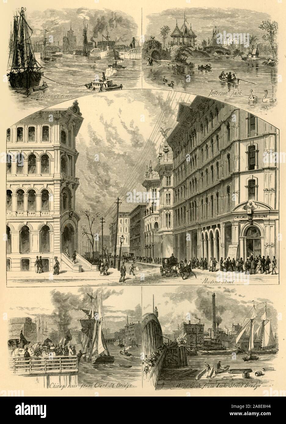 'Scenes in Chicago', 1874. 'Chicago River; Jefferson Park; Madison Street; Chicago River da Clark Street Bridge; lato ovest dal lago di Ponte stradale", Illinois, Stati Uniti d'America. Gli uffici del "Chicago Tribune" giornale può essere visto nell'angolo di Madison Street. Dal pittoresco America; o, la terra in cui viviamo, una delimitazione dalla penna e matita di montagne, fiumi, laghi...con illustrazioni su acciaio e legno da eminenti artisti americani" Vol. II, edito da William Cullen Bryant. [D. Appleton and Company, New York, 1874] Foto Stock