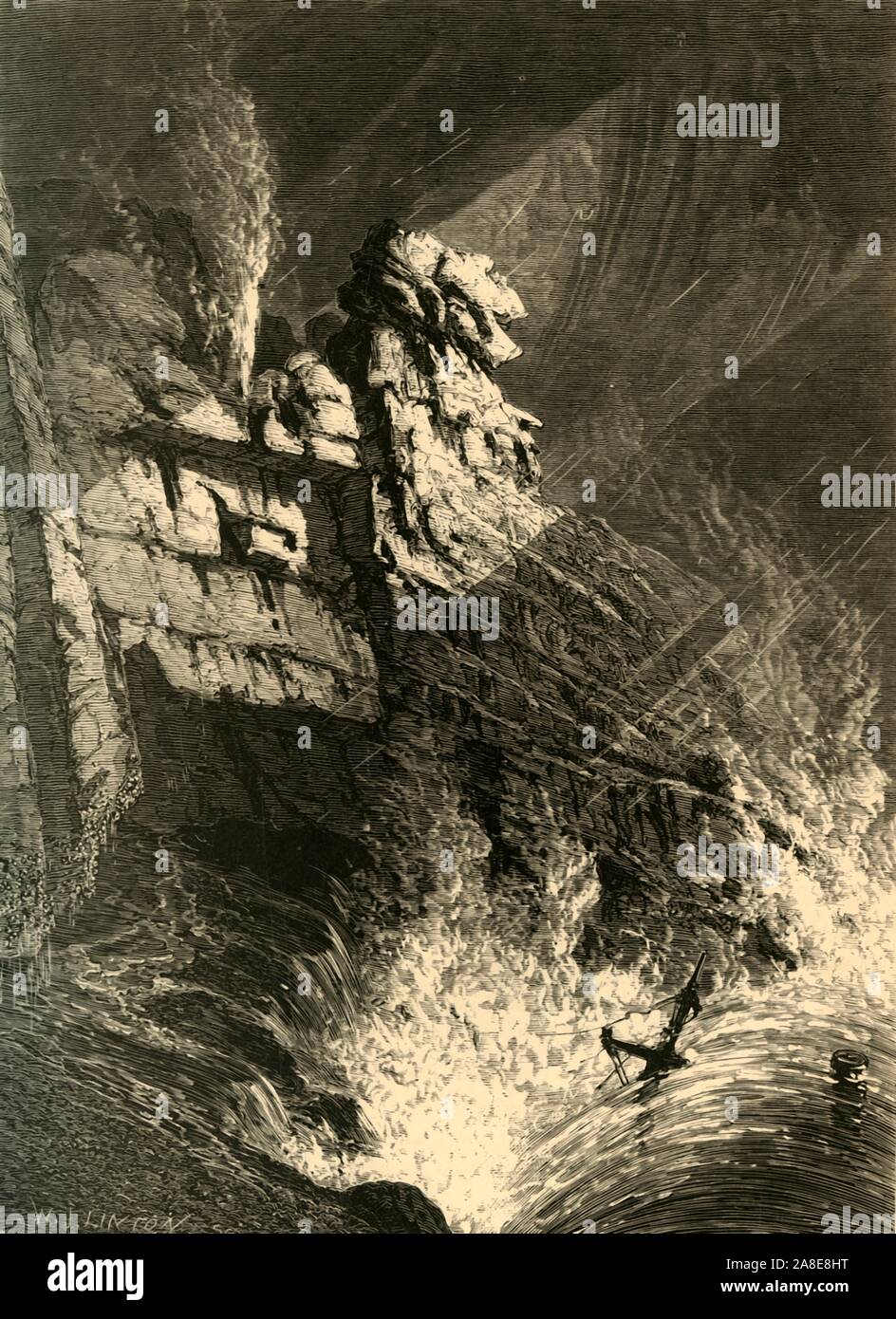 "Spouting Horn" in una tempesta", 1872. Rocce sulla costa del Maine, nord est USA: "un ampio divario nella roccia che si estende verso il basso per l'acqua e si apre verso il mare attraverso un piccolo arco sotto alta marea. In acque basse l'arco può essere raggiunto sulle scivolose, erbacce rocce coperte e il baratro entro asceso per mezzo di incerta appigli ai lati della parete rocciosa. Pochi turisti avventurosi hanno realizzato questo feat, ma è molto pericoloso. Se il piede deve scivolare sul liscio, salmastro rock e avventuriero glide nell'acqua, esc sarebbe quasi ho Foto Stock