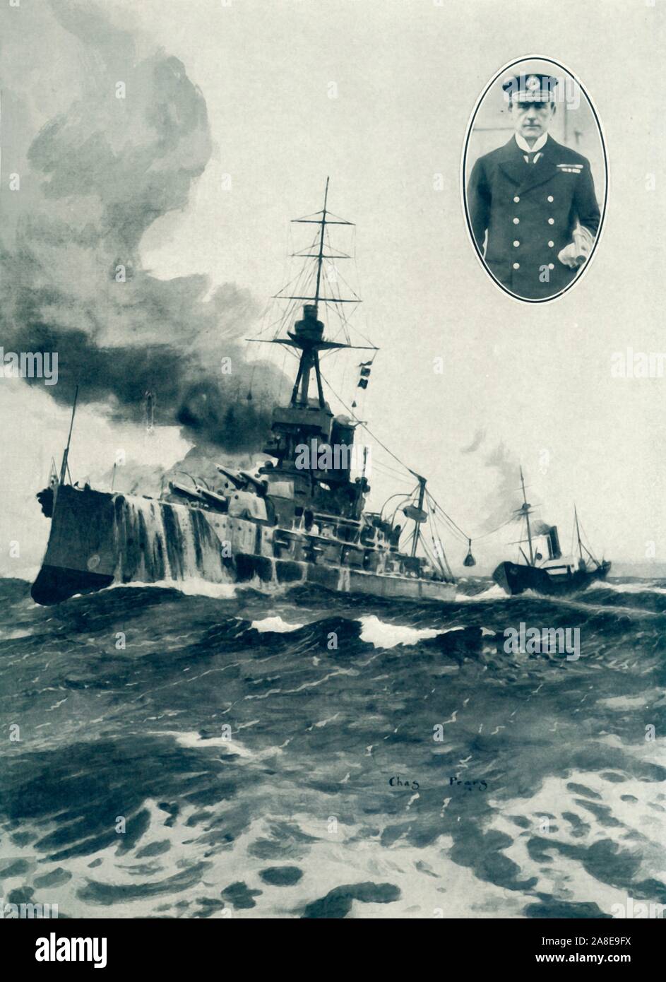 "Vice Ammiraglio Sir John Jellicoe nave ammiraglia, ferro Duca, essendo Coaled in mare. Riquadro: Vice Ammiraglio Jellicoe', 1915. Duca di ferro è stato ammiraglia della Grand Fleet durante la Prima Guerra Mondiale e sotto il comando di John Rushworth Jellicoe, (1859-1935) nella battaglia dello Jutland nel maggio 1916. Da "La guerra di un album illustrato De Luxe - Volume I. La prima fase", edito da J. A. Hammerton. [La Amalgamated Press Limited, Londra, 1915] Foto Stock