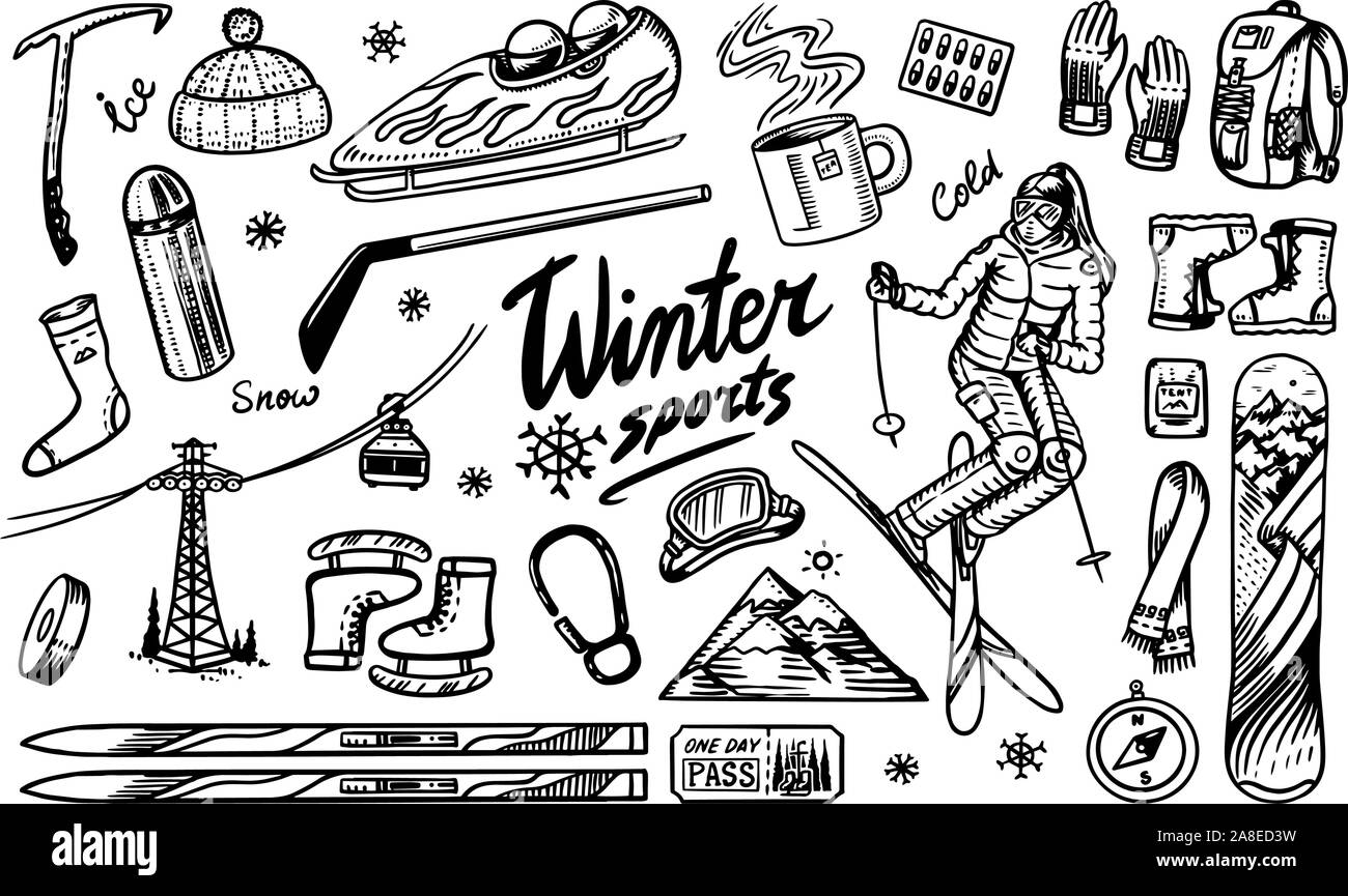 Sport invernali stagione. Vintage Snowboard e sci, atleta di salto, mountain funivia o Funicolare funivia, pattini, vestiti caldi per esterno Illustrazione Vettoriale
