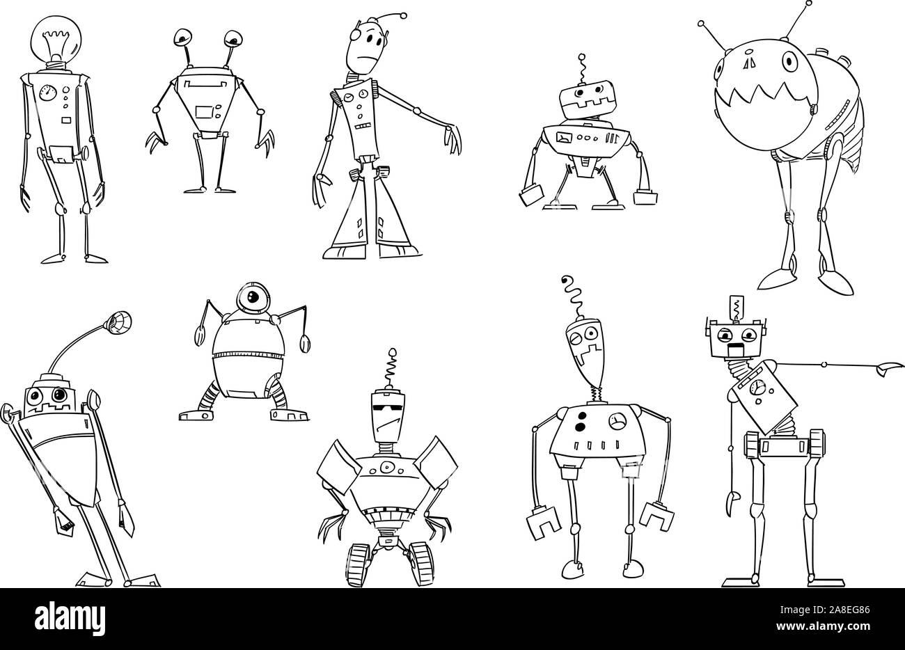 Il vettore in bianco e nero il disegno illustrativo di una serie di simpatici divertenti robot Retrò design. Libro da colorare per i bambini. Illustrazione Vettoriale