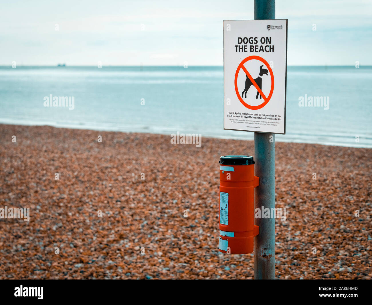 No cani sulla spiaggia segno, i cani sono vietati dalla spiaggia di Portsmouth, in Inghilterra durante i mesi estivi. Foto Stock